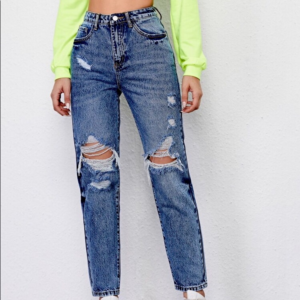 SHEIN High Rise Ripped Mom Jeans